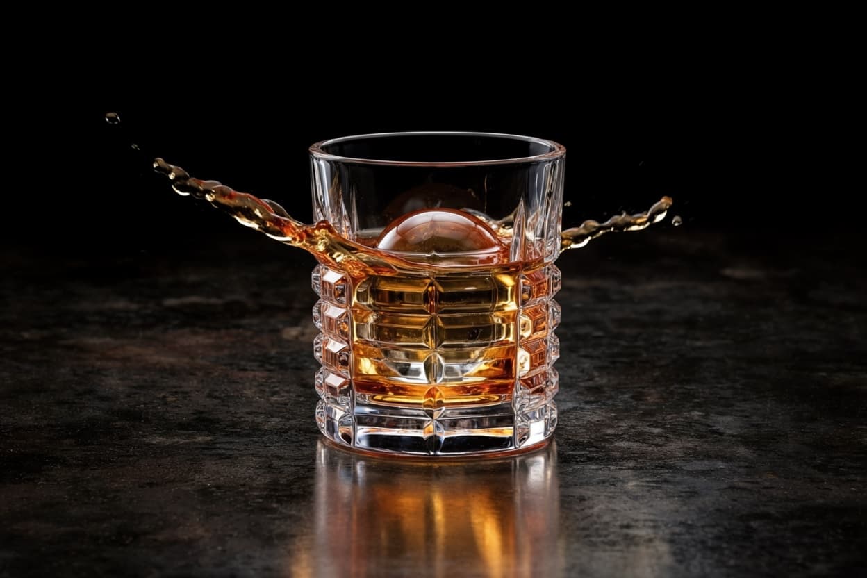 Whiskey splashing from a cut-crystal tumbler on dark stone
