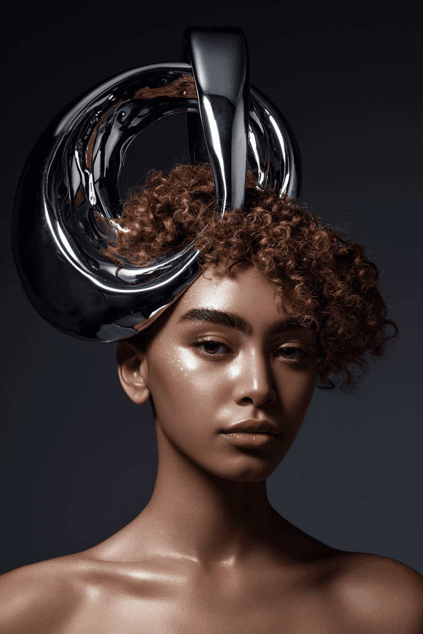 Editorial beauty portrait with a sculptural chrome headpiece