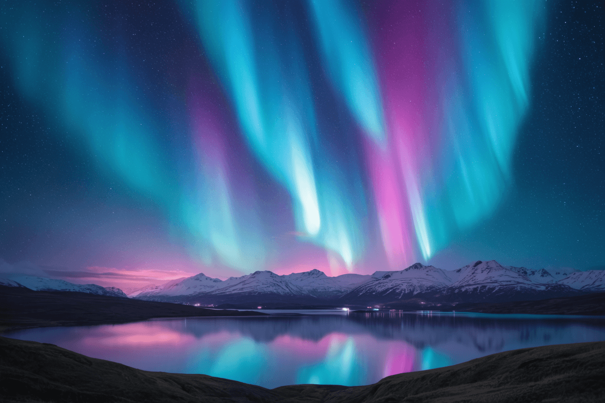 Vivid aurora borealis over snow-capped mountains, generated by Vidpost