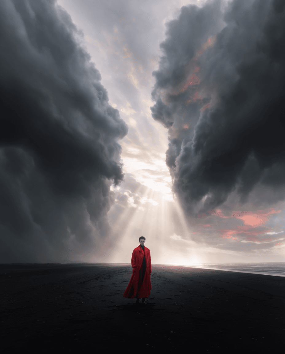 A lone figure in a scarlet coat on a black volcanic beach under storm clouds