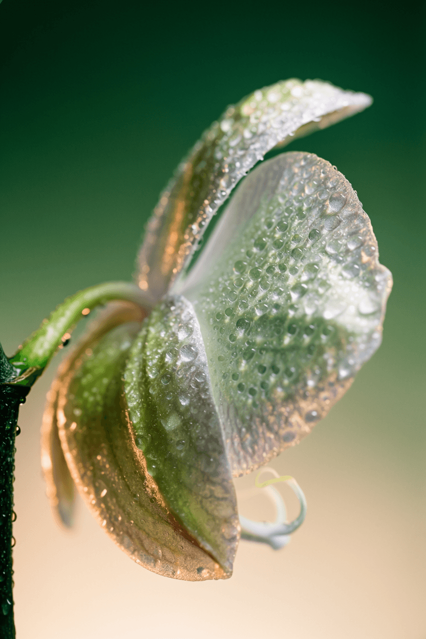 Dew-covered orchid petal in macro with iridescent light