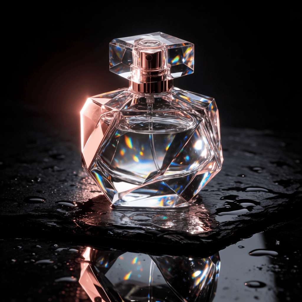 Faceted crystal perfume bottle on wet black slate